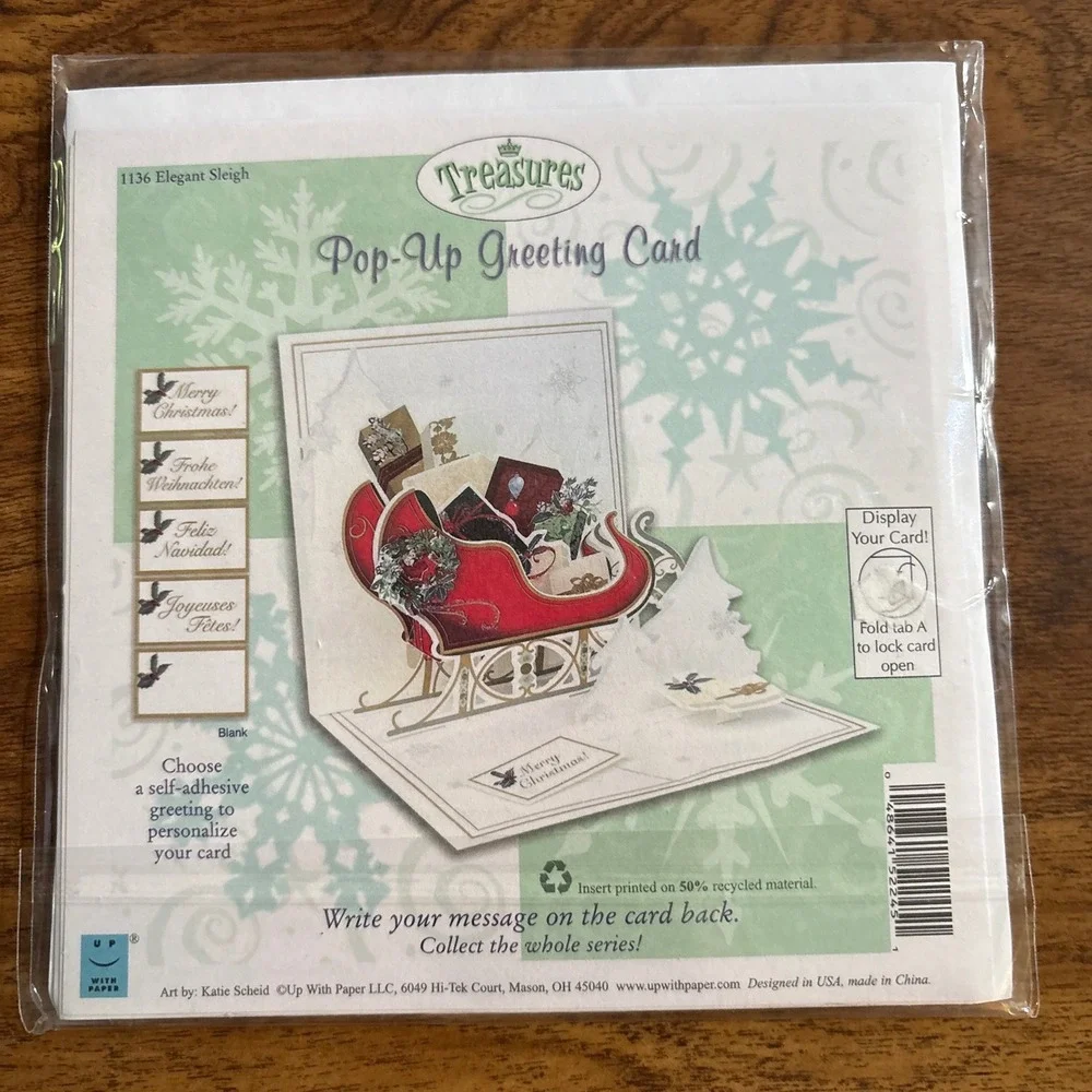 2 Treasures Pop Up Christmas Greeting Cards Jolly‎ Santa Claus Elegant Sleigh